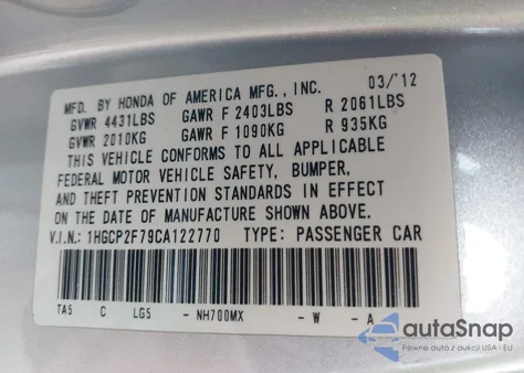 2012 Honda Accord 2.4 Ex from USA, damaged, VIN 1HGCP2F79CA12277